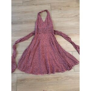 Maggy London Pink Brown Polka Dot 100% Silk Halter Dress Ruched Waist Size 4